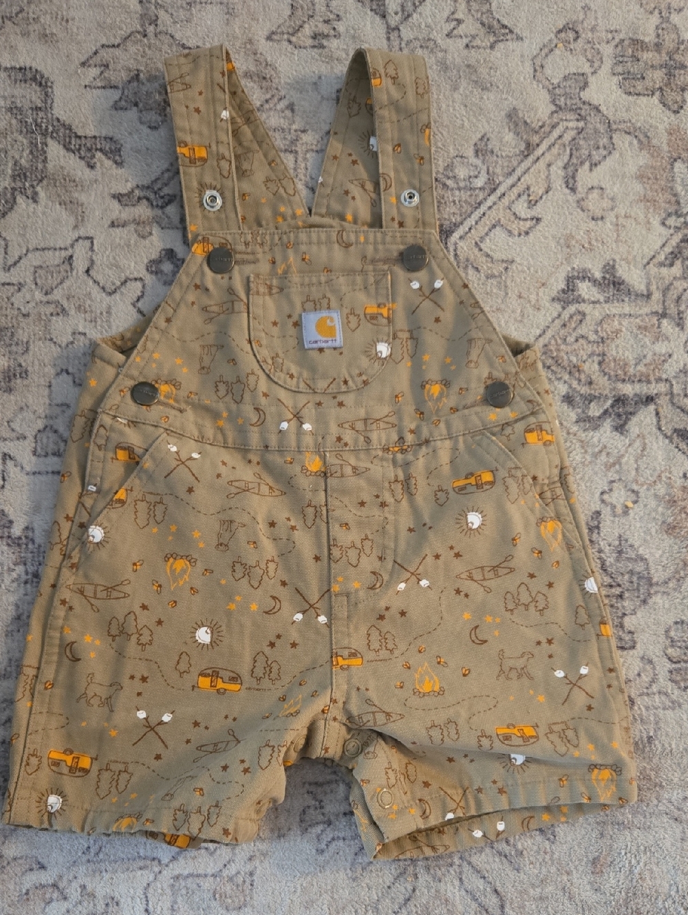 Carhartt Khaki Short Overalls with Yellow Camp Print